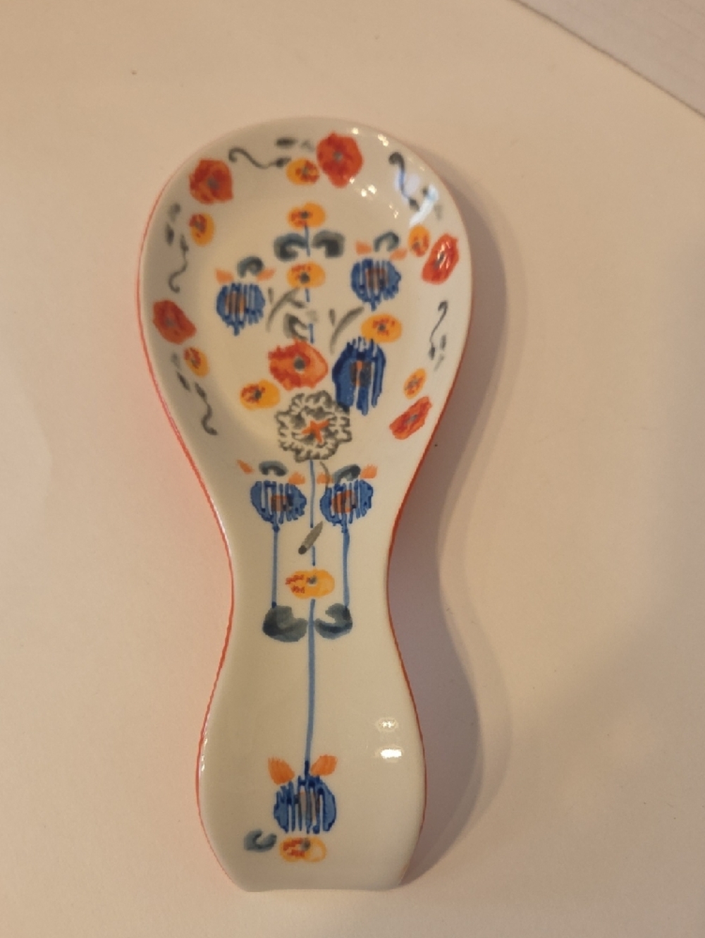 Anthropologie Hand-Painted Floral Ceramic Spoon Rest Blue & Orange - Picture 4 of 9